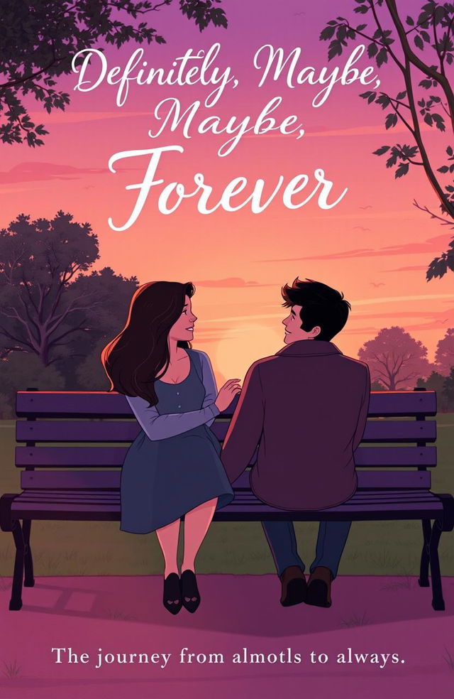 A romantic cover illustration featuring Bex and Dexter sitting closely together on a park bench, both looking content yet thoughtful