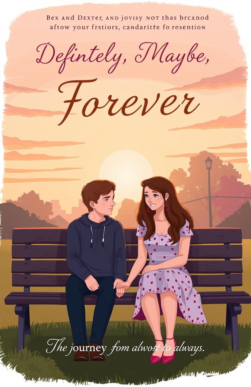 A romantic cover illustration featuring Bex and Dexter sitting closely together on a park bench, both looking content yet thoughtful