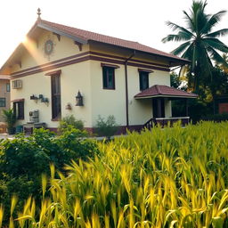 A beautiful Indian house featuring a cream and maroon color combination, with an elegant exterior surrounded by lush greenery and decorative elements