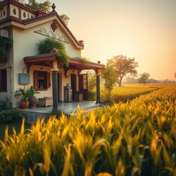 A beautiful Indian house featuring a cream and maroon color combination, with an elegant exterior surrounded by lush greenery and decorative elements