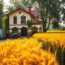 A beautiful Indian house featuring a cream and maroon color combination, with an elegant exterior surrounded by lush greenery and decorative elements