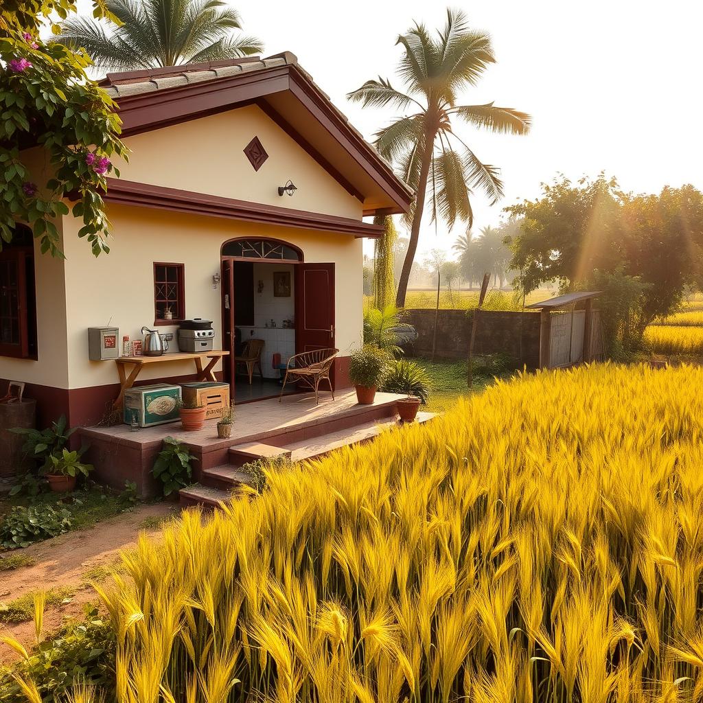 A beautiful Indian house featuring a cream and maroon color combination, with an elegant exterior surrounded by lush greenery and decorative elements