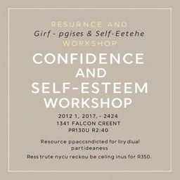 A sleek and modern advertisement design for a Confidence and Self-Esteem Workshop for girls aged 10 to 15