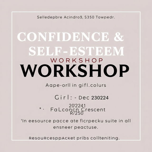 A sleek and modern advertisement design for a Confidence and Self-Esteem Workshop for girls aged 10 to 15