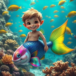 A fantastical creature that is half fish and half boy, possessing the tail of a fish instead of legs