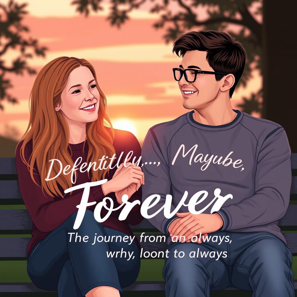 Bex and Dexter sitting closely together on a park bench, both looking content yet thoughtful, their hands nearly touching