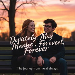 Bex and Dexter sitting closely together on a park bench, both looking content yet thoughtful, their hands nearly touching