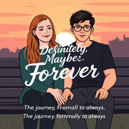 Bex and Dexter sitting closely together on a park bench, both looking content yet thoughtful, their hands nearly touching