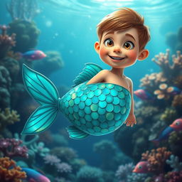 A whimsical creature that is half fish and half boy, featuring a fish tail instead of legs