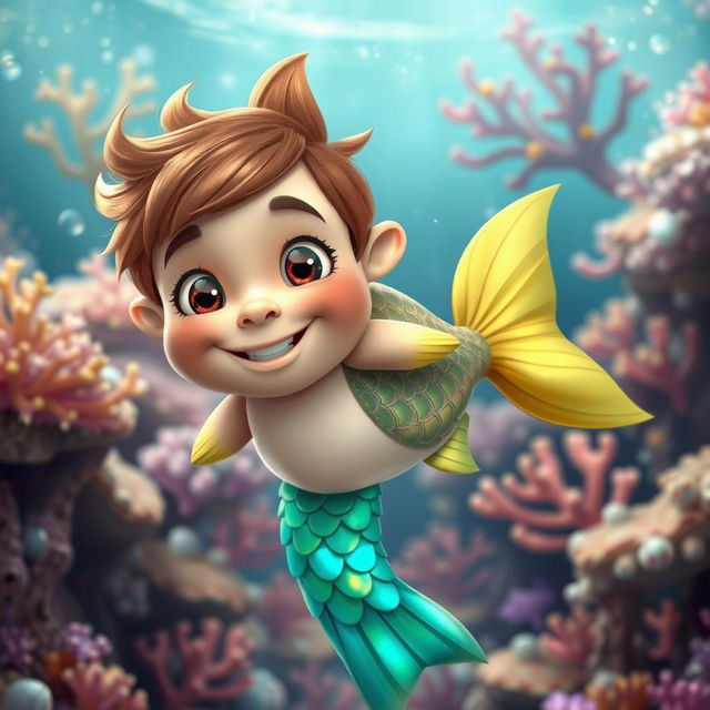 A whimsical creature that is half fish and half boy, featuring a fish tail instead of legs