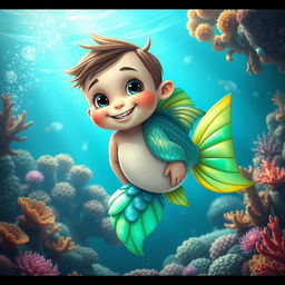 A whimsical creature that is half fish and half boy, featuring a fish tail instead of legs