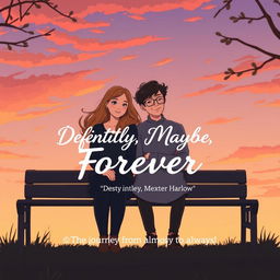 Bex and Dexter sitting closely together on a park bench, both appearing content yet thoughtful, their hands nearly touching in a tender gesture