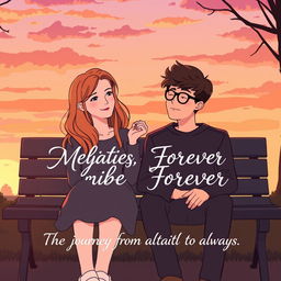 Bex and Dexter sitting closely together on a park bench, both appearing content yet thoughtful, their hands nearly touching in a tender gesture