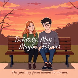 Bex and Dexter sitting closely together on a park bench, both appearing content yet thoughtful, their hands nearly touching in a tender gesture