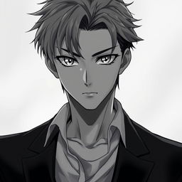 A striking portrait of an anime man with sharp features and captivating white eyes, depicted in a grayscale color palette