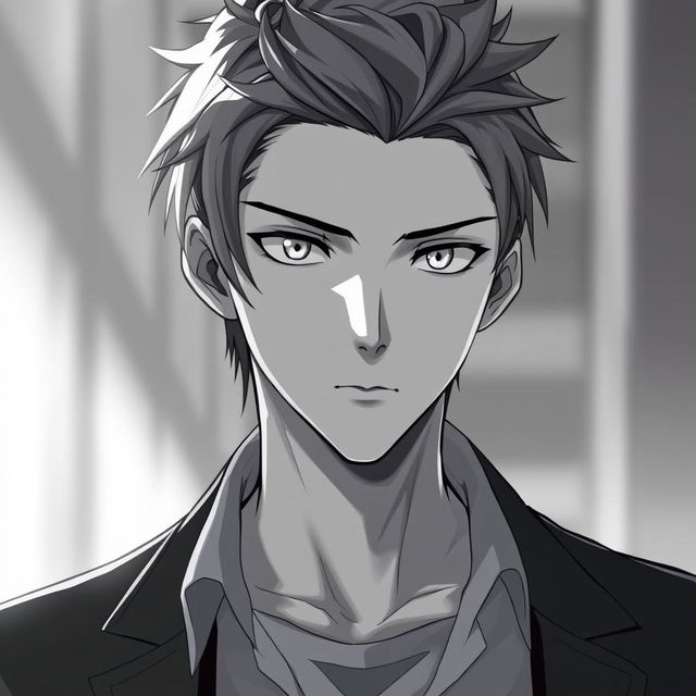 A striking portrait of an anime man with sharp features and captivating white eyes, depicted in a grayscale color palette