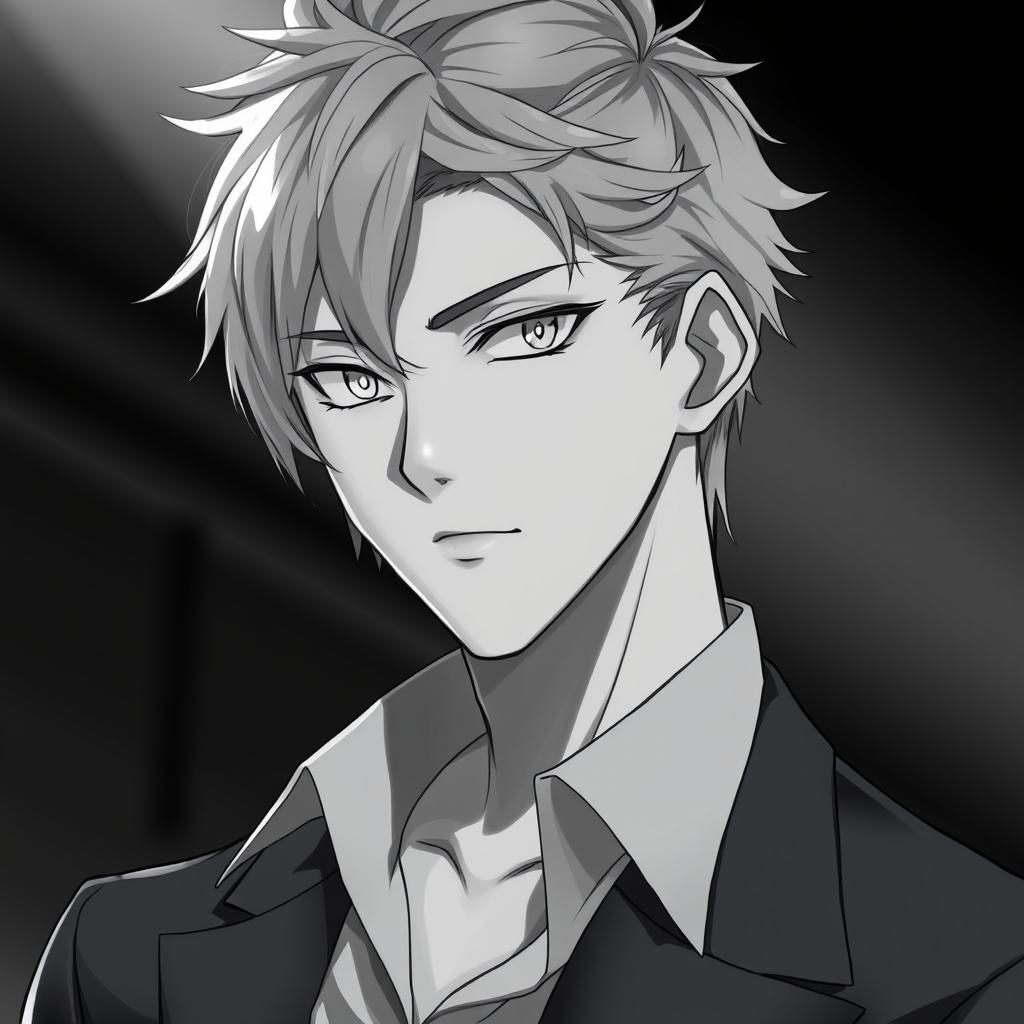 A striking portrait of an anime man with sharp features and captivating white eyes, depicted in a grayscale color palette