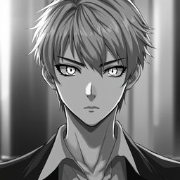 A striking portrait of an anime man with sharp features and captivating white eyes, depicted in a grayscale color palette