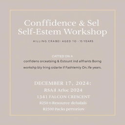 An elegant advertisement for a Confidence and Self-Esteem Workshop tailored for girls aged 10 to 15 years