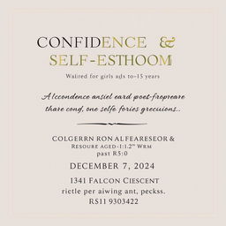 An elegant advertisement for a Confidence and Self-Esteem Workshop tailored for girls aged 10 to 15 years