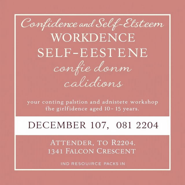An elegant advertisement for a Confidence and Self-Esteem Workshop tailored for girls aged 10 to 15 years