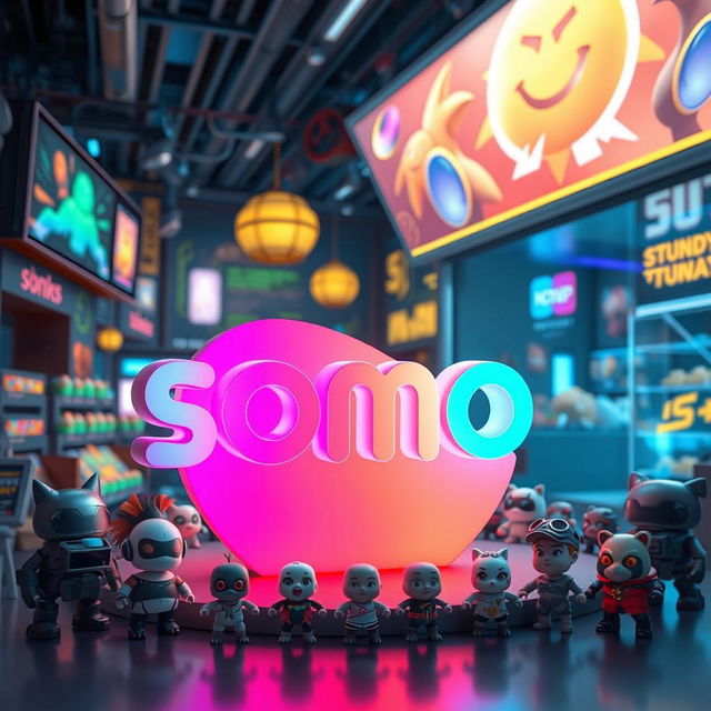 A 3D logo featuring the word 'somo', crafted with sleek and modern design, prominently displayed in the center of a futuristic NFT marketplace environment