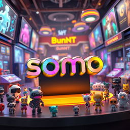 A 3D logo featuring the word 'somo', crafted with sleek and modern design, prominently displayed in the center of a futuristic NFT marketplace environment