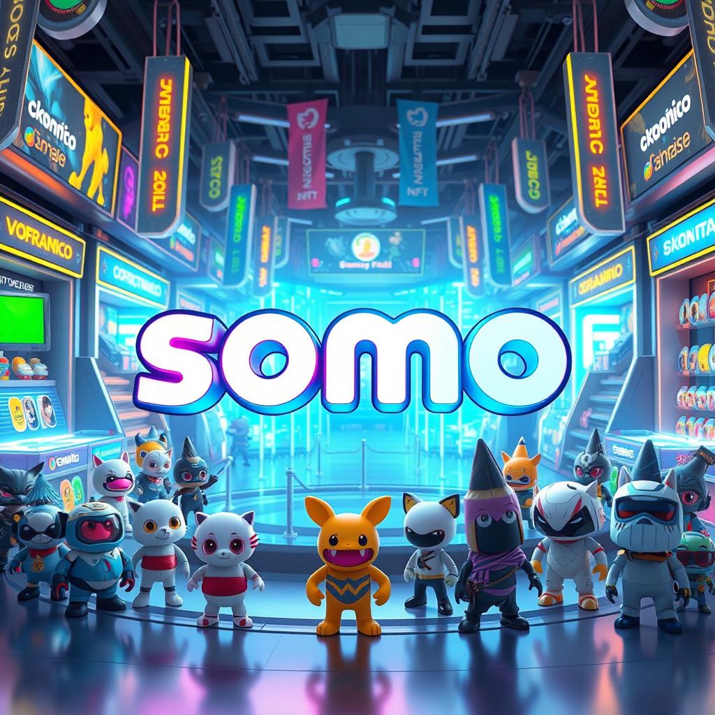 A 3D logo featuring the word 'somo', crafted with sleek and modern design, prominently displayed in the center of a futuristic NFT marketplace environment