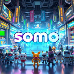 A 3D logo featuring the word 'somo', crafted with sleek and modern design, prominently displayed in the center of a futuristic NFT marketplace environment