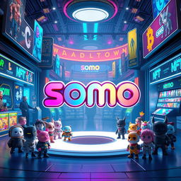 A 3D logo featuring the word 'somo', crafted with sleek and modern design, prominently displayed in the center of a futuristic NFT marketplace environment