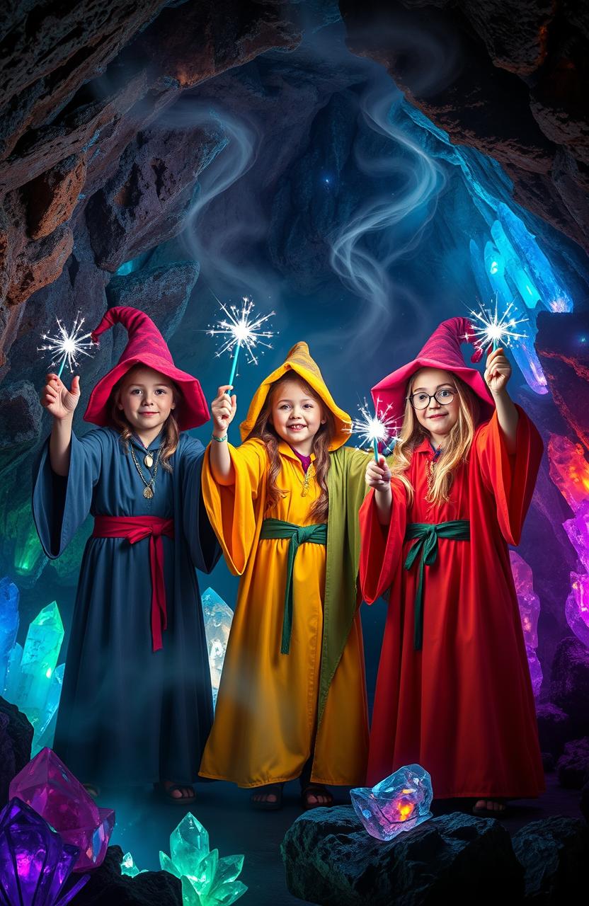 Three young wizards clad in vibrant robes, casting a spell within a mystical crystal cave filled with glistening crystals of various colors, their hands raised and glowing wands emitting sparkling lights