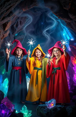 Three young wizards clad in vibrant robes, casting a spell within a mystical crystal cave filled with glistening crystals of various colors, their hands raised and glowing wands emitting sparkling lights