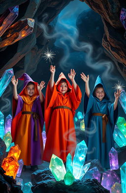 Three young wizards clad in vibrant robes, casting a spell within a mystical crystal cave filled with glistening crystals of various colors, their hands raised and glowing wands emitting sparkling lights
