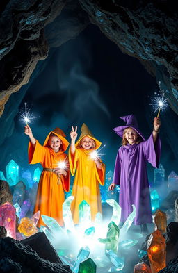 Three young wizards clad in vibrant robes, casting a spell within a mystical crystal cave filled with glistening crystals of various colors, their hands raised and glowing wands emitting sparkling lights
