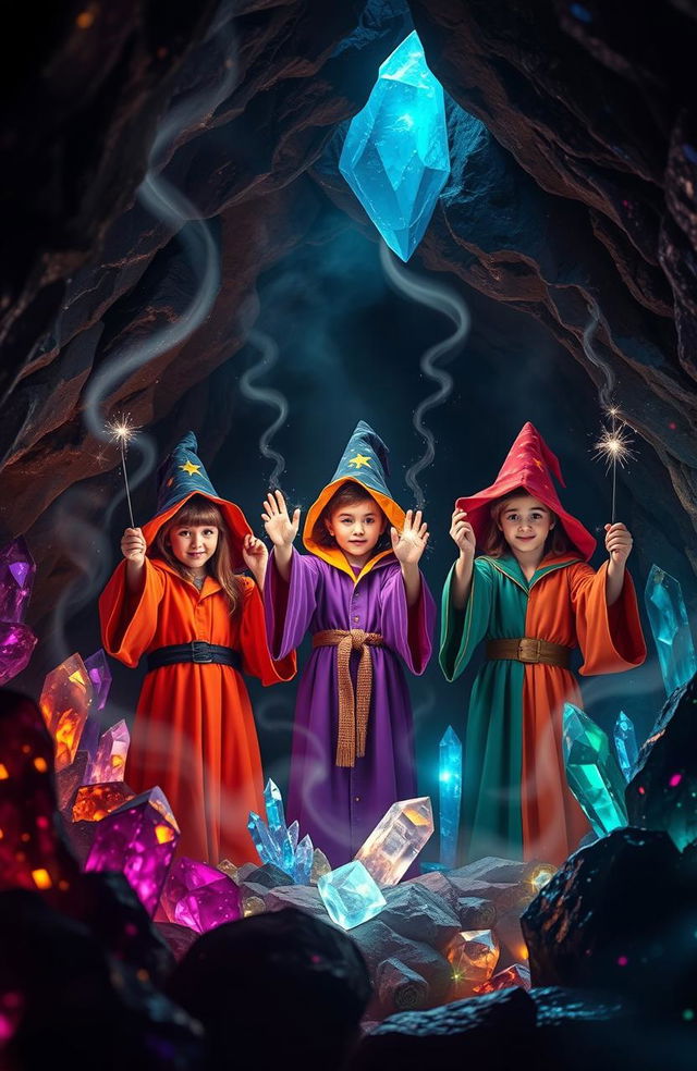 Three young wizards clad in vibrant robes, casting a spell within a mystical crystal cave filled with glistening crystals of various colors, their hands raised and glowing wands emitting sparkling lights