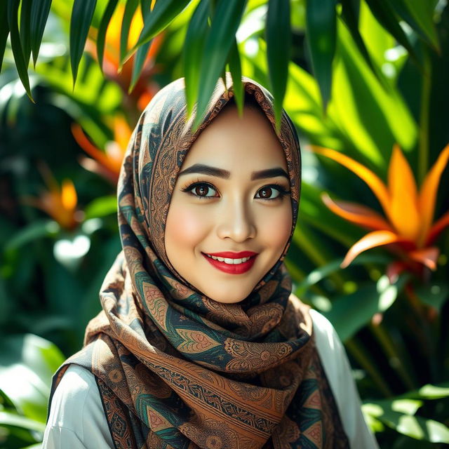 A beautiful Indonesian woman wearing a stunning hijab, showcasing intricate patterns and vibrant colors that reflect traditional Indonesian culture