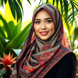 A beautiful Indonesian woman wearing a stunning hijab, showcasing intricate patterns and vibrant colors that reflect traditional Indonesian culture