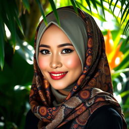 A beautiful Indonesian woman wearing a stunning hijab, showcasing intricate patterns and vibrant colors that reflect traditional Indonesian culture