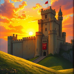 A majestic medieval castle with tall towers and intricate stonework, bathed in the warm golden light of a sunset