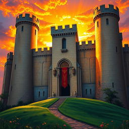 A majestic medieval castle with tall towers and intricate stonework, bathed in the warm golden light of a sunset
