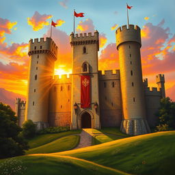 A majestic medieval castle with tall towers and intricate stonework, bathed in the warm golden light of a sunset