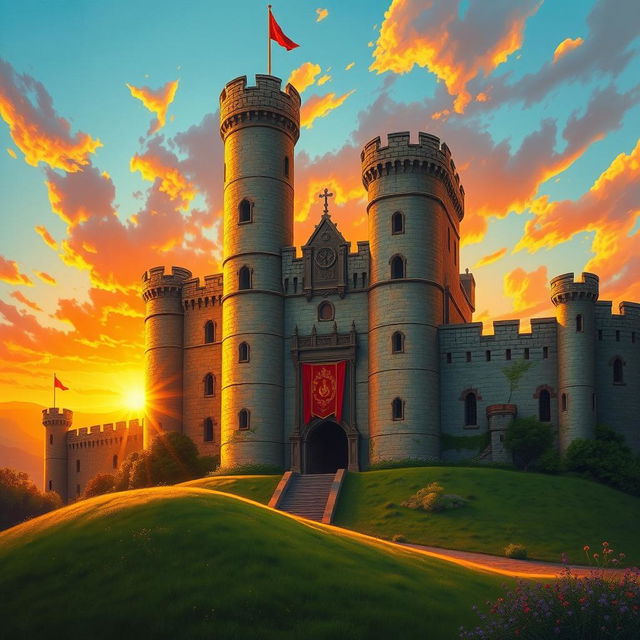 A majestic medieval castle with tall towers and intricate stonework, bathed in the warm golden light of a sunset