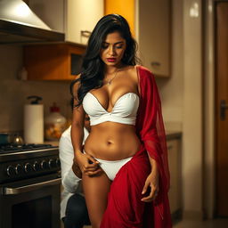 An intimate scene featuring a seductive Indian woman wearing a stylish white short blouse that reveals her completely bare chest, complemented by a flowing red saree