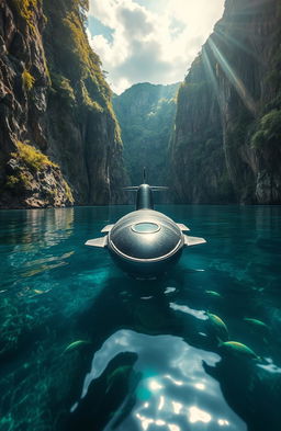 A mysterious submarine stealthily entering a secluded, secret bay surrounded by towering cliffs and lush greenery