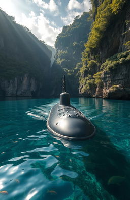 A mysterious submarine stealthily entering a secluded, secret bay surrounded by towering cliffs and lush greenery