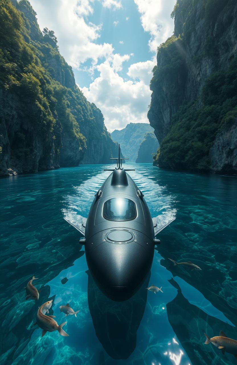 A mysterious submarine stealthily entering a secluded, secret bay surrounded by towering cliffs and lush greenery