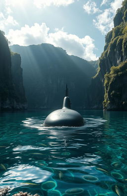 A mysterious submarine stealthily entering a secluded, secret bay surrounded by towering cliffs and lush greenery