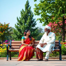 A heartwarming scene depicting an elderly Muslim man sitting on a bench with a young Hindu woman beside him in a serene park