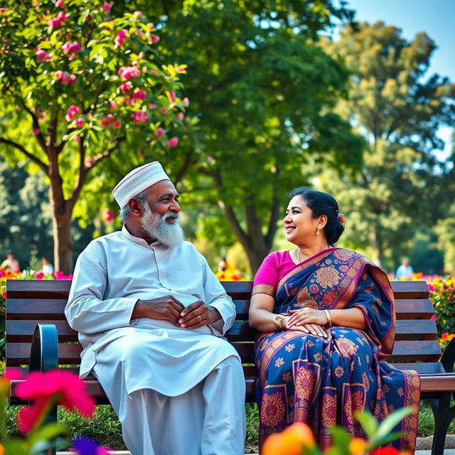 A heartwarming scene depicting an elderly Muslim man sitting on a bench with a young Hindu woman beside him in a serene park