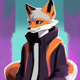 An image of a fox furry character with long, grey fur, dressed in sleek black clothing